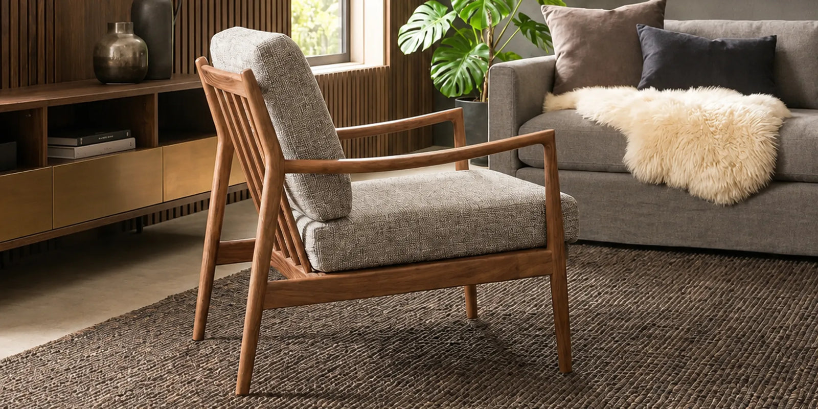 Mid-century modern accent chair in a warm contemporary room