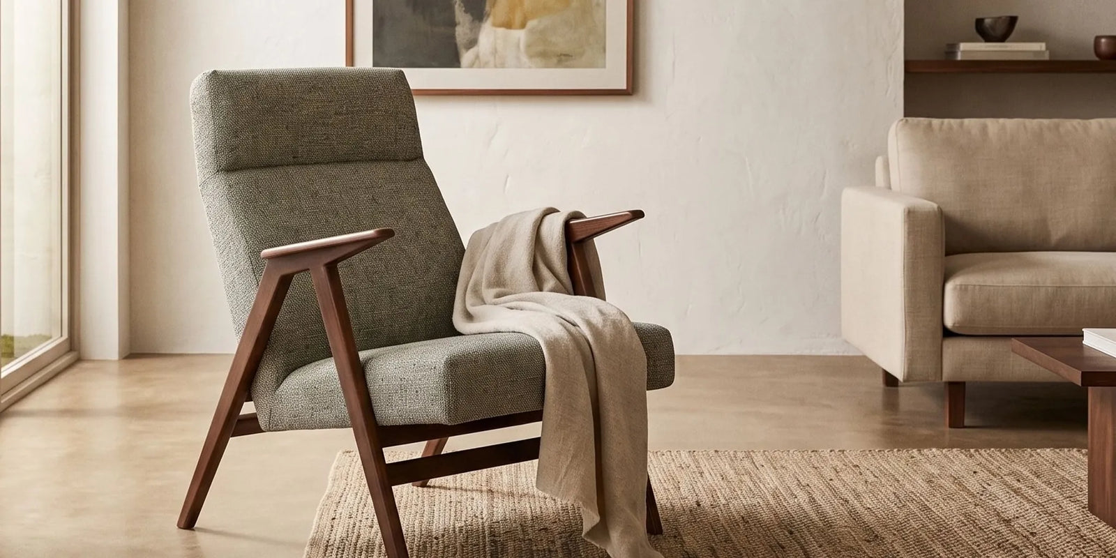 Minimalist living room with neutral tones, wood accents, and clean-lined Japandi furniture.
