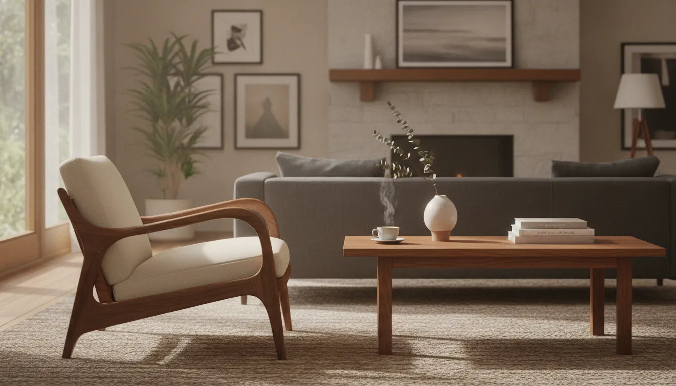 Solid walnut furniture in a warm modern living room