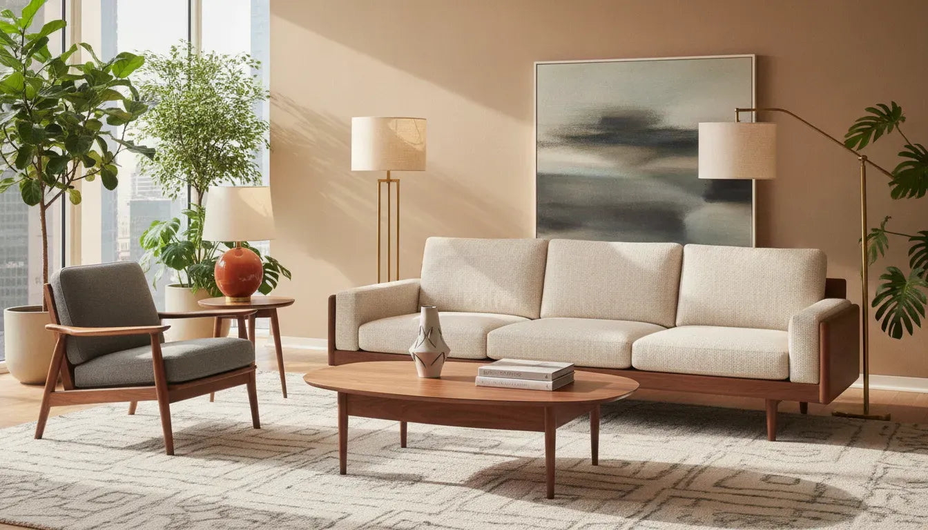 Mid-century modern living room with walnut furniture, an accent chair, and layered lighting