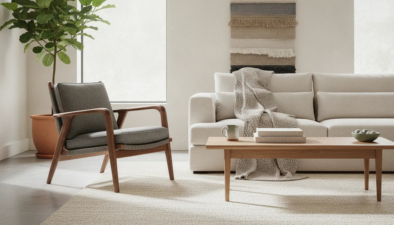 Mid-century modern and Scandinavian furniture in a warm living room