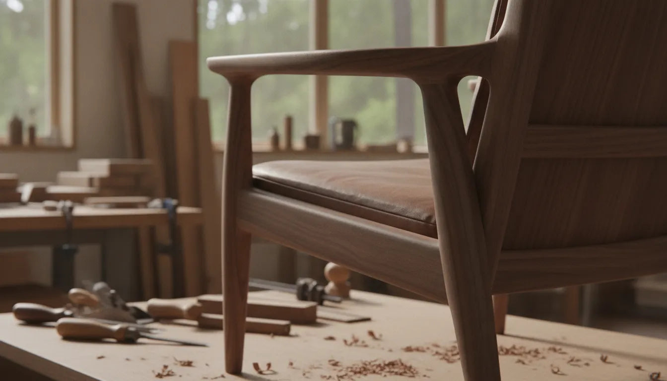 Handcrafted walnut lounge chair frame showing traditional joinery