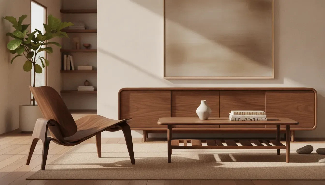Solid walnut furniture in a warm mid-century modern living room
