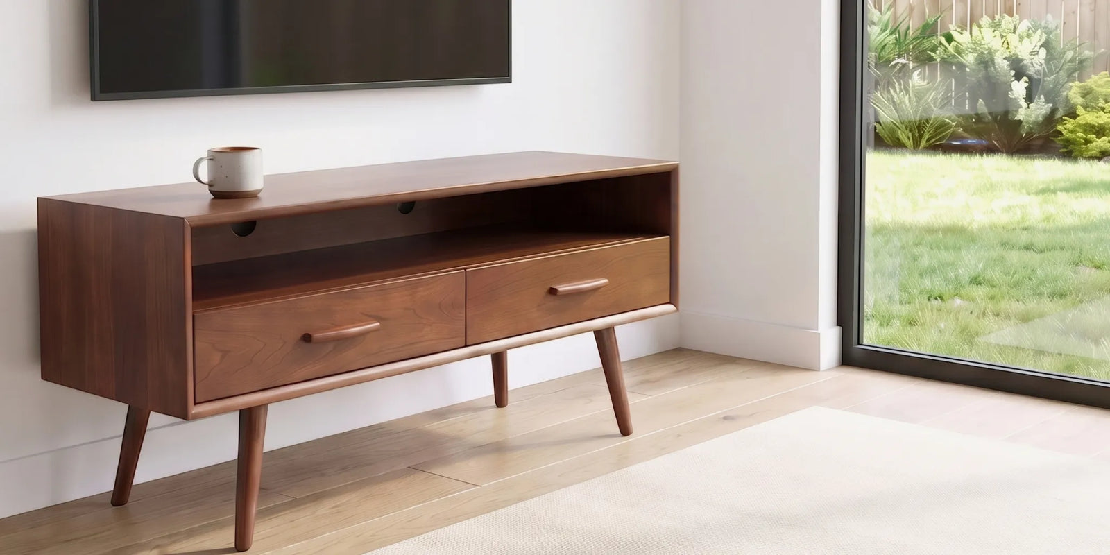 Solid walnut furniture in a warm mid-century modern living room
