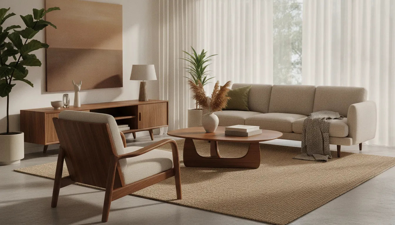 Mid-century modern living room with a solid walnut lounge chair and sculptural coffee table