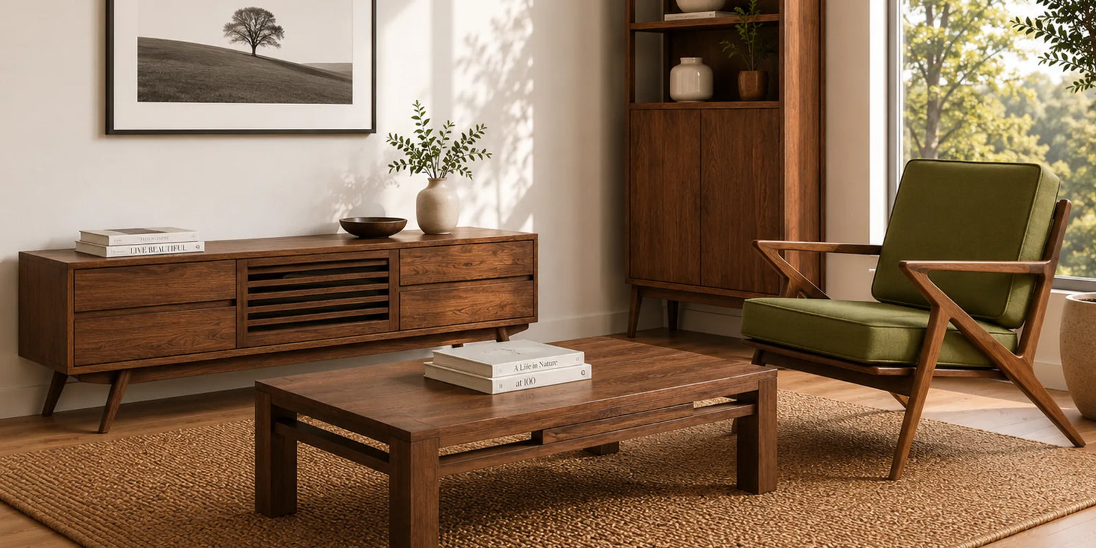 Furniture buying guide showing a balanced mid-century modern living room with walnut seating and storage