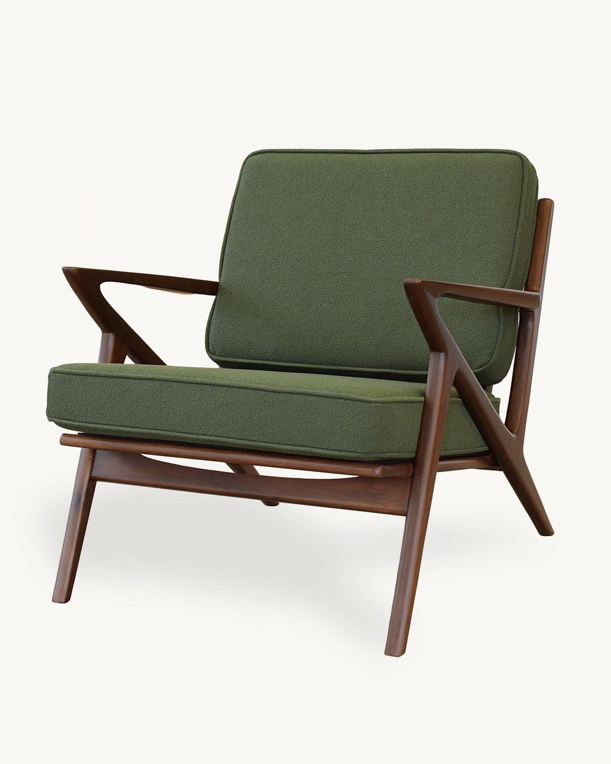 A mid-century modern accent chair with olive green fabric cushions and a dark brown wooden frame, shown against a plain off-white background.