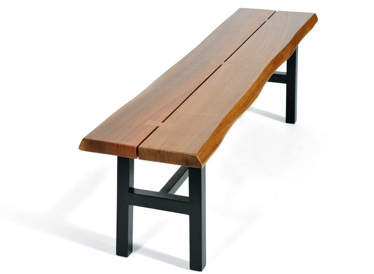 Modern. Solid Walnut Bench, Handcrafted, Live Edge Detail; Rich natural walnut slabs with visible dovetail joints for added design interest; available at www.gingkofurniture.com